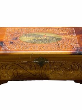 Vintage Mid Century Cedar Jewelry Box Fox Hunt Equestrian Dark Academia Decor
